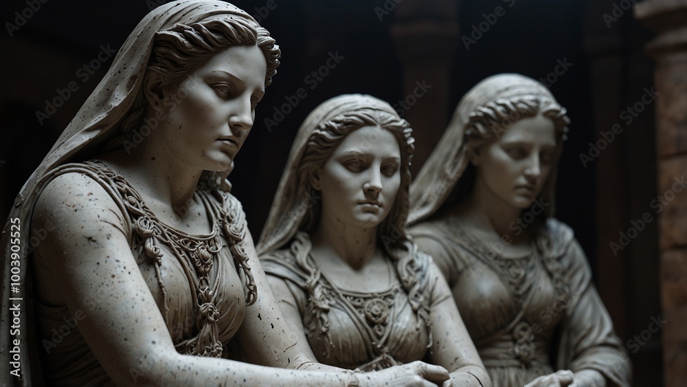 Naklejka premium A haunting statue of the Fates, three women weaving the threads of destiny, their expressions distant and ominous.