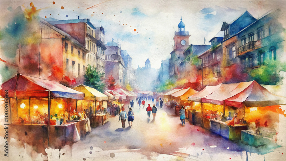 Obraz premium Watercolor Cityscape with Dynamic Brush Strokes in Vibrant Colors Depicting Bustling Streets and Lively Markets, Energetic and Bright Background