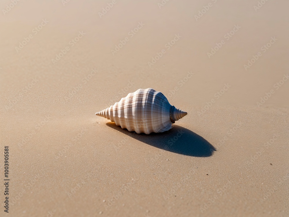 Single seashell resting on smooth, untouched sand. The seashell is small and delicately detailed, with soft curves and subtle ridges, casting a faint shadow on the sand