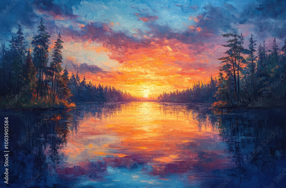 Sunset Over a Tranquil Lake: A Serene Impressionist Painting Perfect for Relaxation and Calm Sunset Over a Tranquil Lake: A Serene Impressionist Painting Perfect for Relaxation and Calm