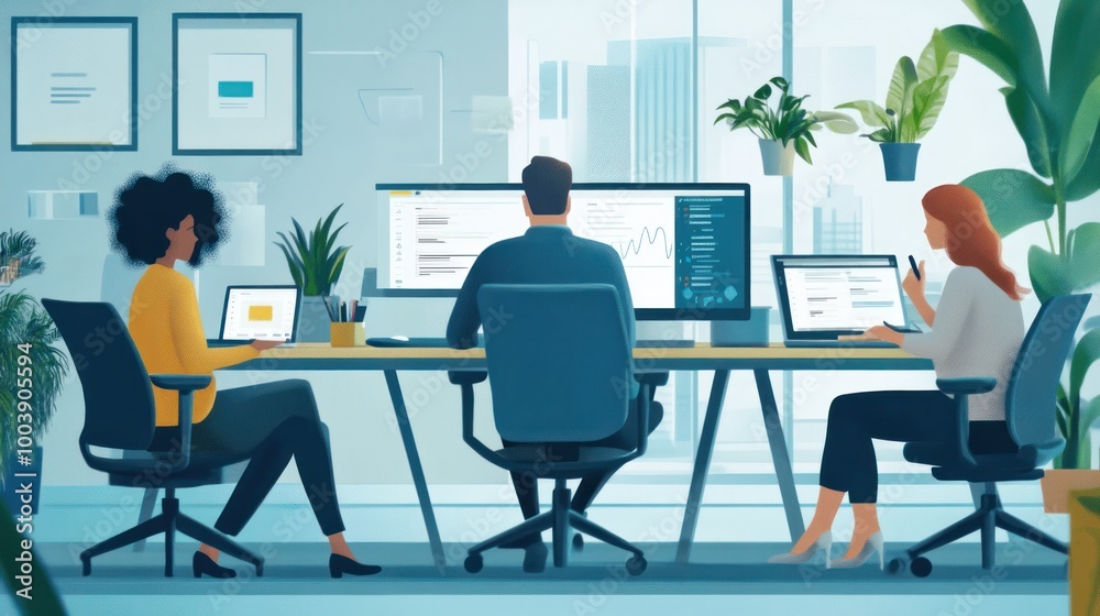 Team collaboration in a monitoring office with digital communication tools Team collaboration in a monitoring office with digital communication tools