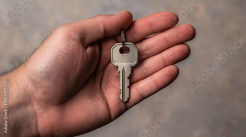 Hand Presenting a Key Isolated on a Simple Background, Representing Concepts of Security, Ownership, and Unlocking Potential in High-Resolution Close-Up