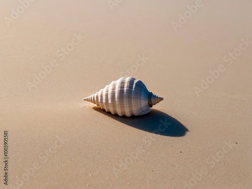 Obraz na płótnie Single seashell resting on smooth, untouched sand. The seashell is small and delicately detailed, with soft curves and subtle ridges, casting a faint shadow on the sand w salonie