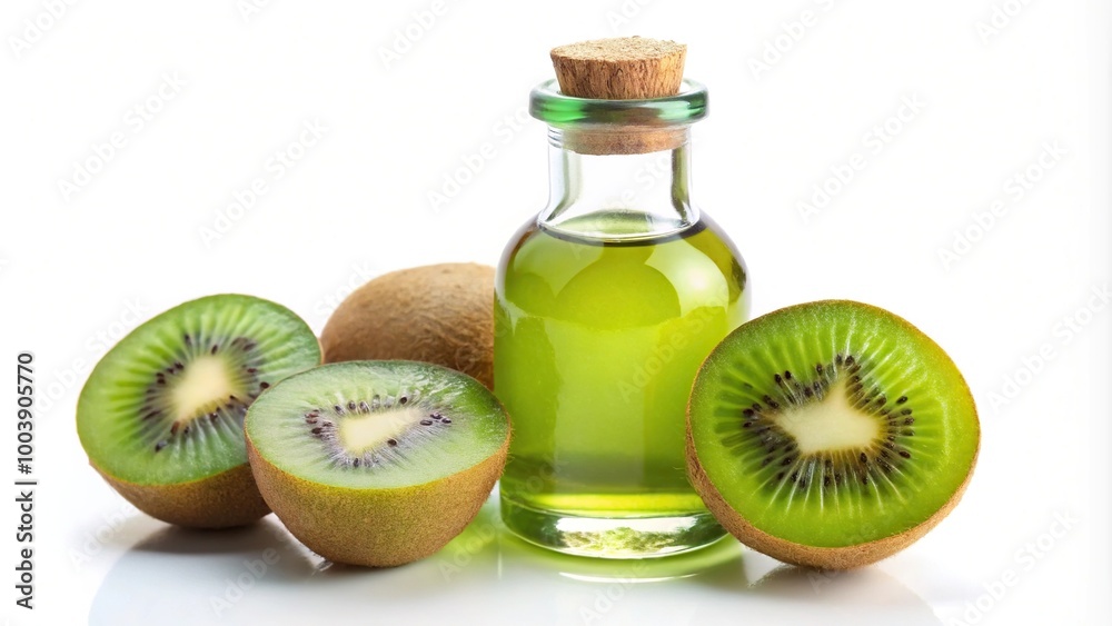 kiwi seed oil in bottle isolated on white background with tilted angle kiwi seed oil in bottle isolated on white background with tilted angle