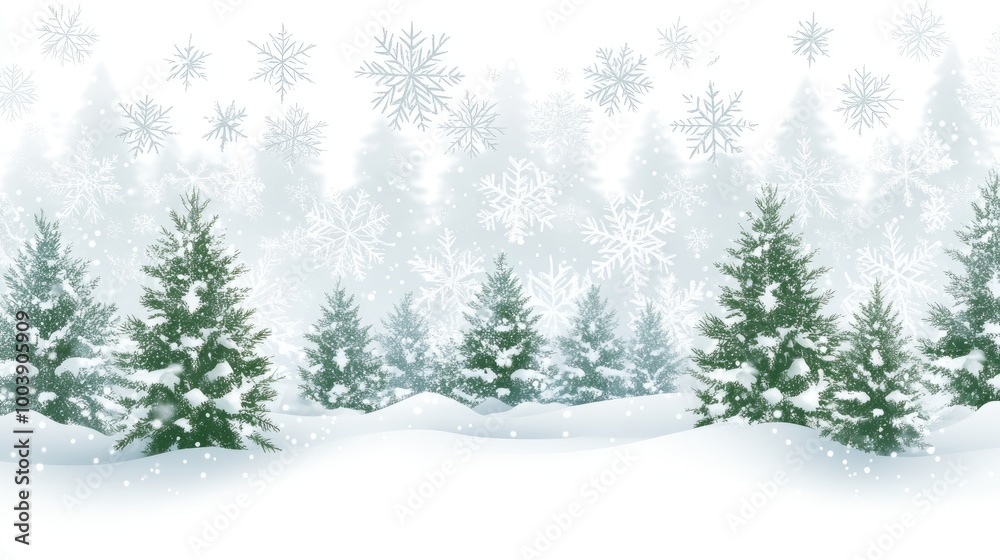 Fototapeta premium A detailed watercolor illustration showcases a group of pine trees cloaked in fresh snow, capturing the serene beauty of a winter landscape with soft shadows and vibrant colors