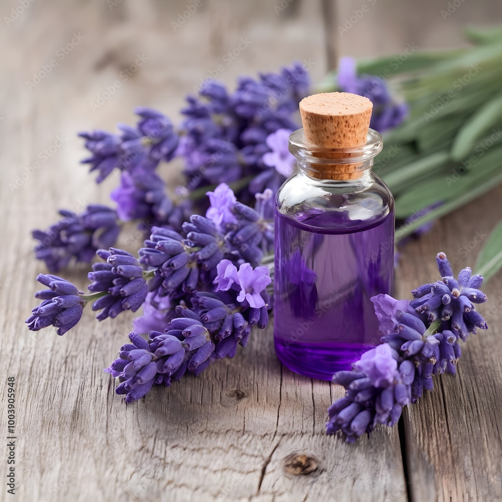 Lavender Aromatherapy Oil Bottle with Fresh Lavender Flowers on a Wooden Surface Lavender Aromatherapy Oil Bottle with Fresh Lavender Flowers on a Wooden Surface