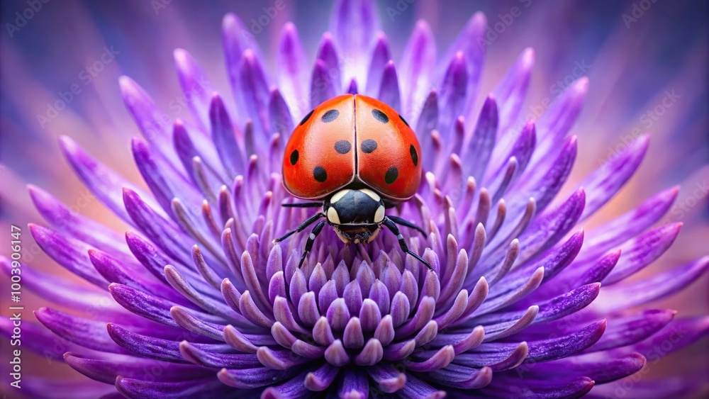 Ladybug on purple flower with reflection, symmetrical Ladybug on purple flower with reflection, symmetrical