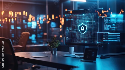 Modern office background with a focus on cyber security