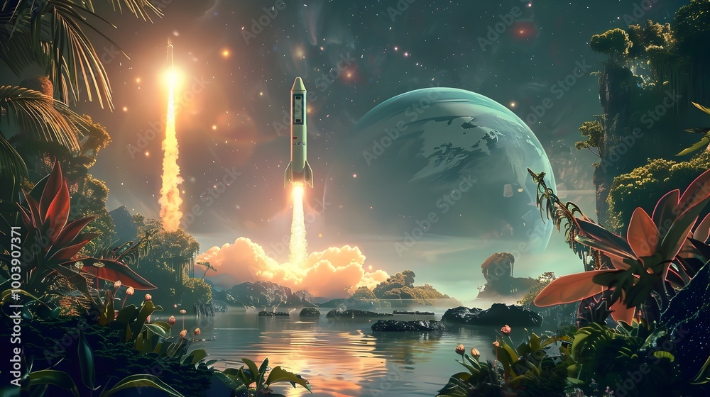 Obraz premium Otherworldly Rocket Launch on Alien Planet Observed by Exotic Flora and Fauna