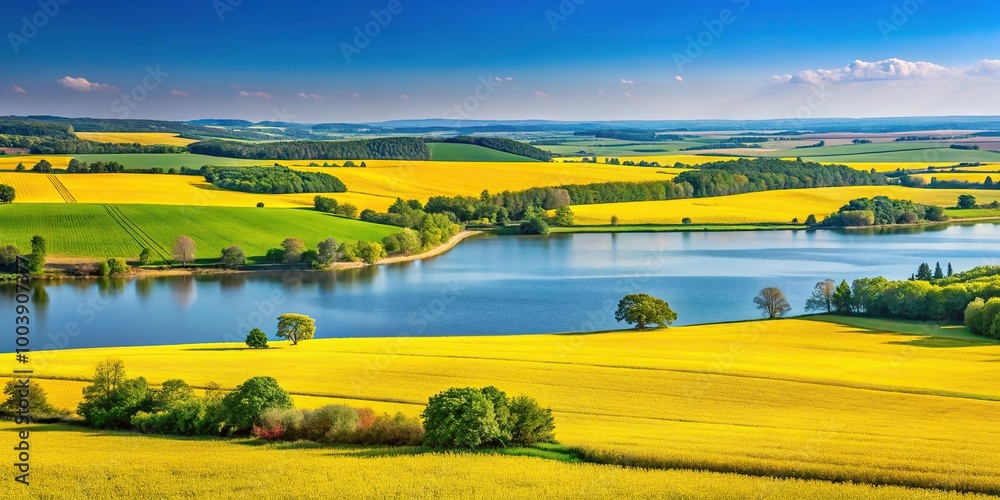 Fototapeta premium Landscape with yellow fields and blue lake in classic European farmlands