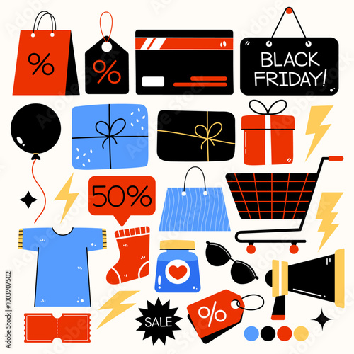 A collection of Black Friday shopping icons, featuring items like shopping carts, gift boxes, price tags, percentage discounts, and sale signs, all in a playful, colorful design
