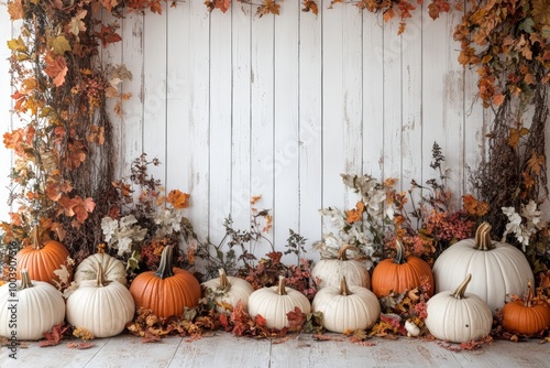 Autumn-Themed Photography Backdrop with Pumpkins and Ivy