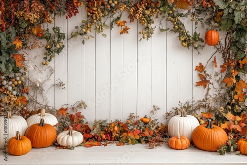 Autumn-Themed Photography Backdrop with Pumpkins and Ivy