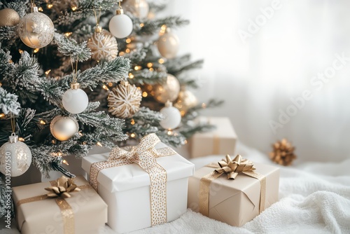 Elegant Christmas Tree with White and Beige Gifts