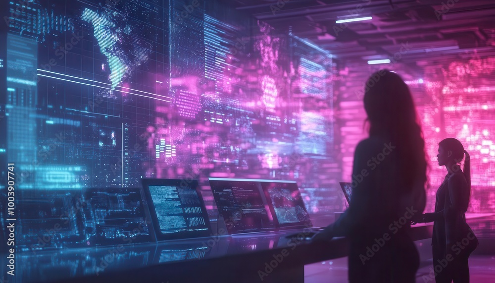 Corporate team working together with digital tools and holographic screens in a neon-lit office Futuristic Neon Minimalist Corporate team working together with digital tools and holographic screens in a neon-lit office Futuristic Neon Minimalist