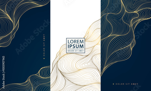 Vector set of elegant glitter sea fames, luxury art deco wave covers, modern white and blue golden illustrations. Fancy wine package, ocean posters