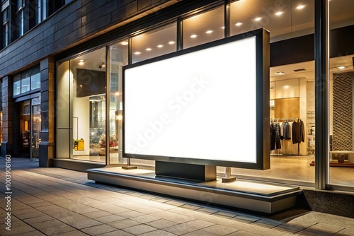 Large empty television mockup in downtown shop at night