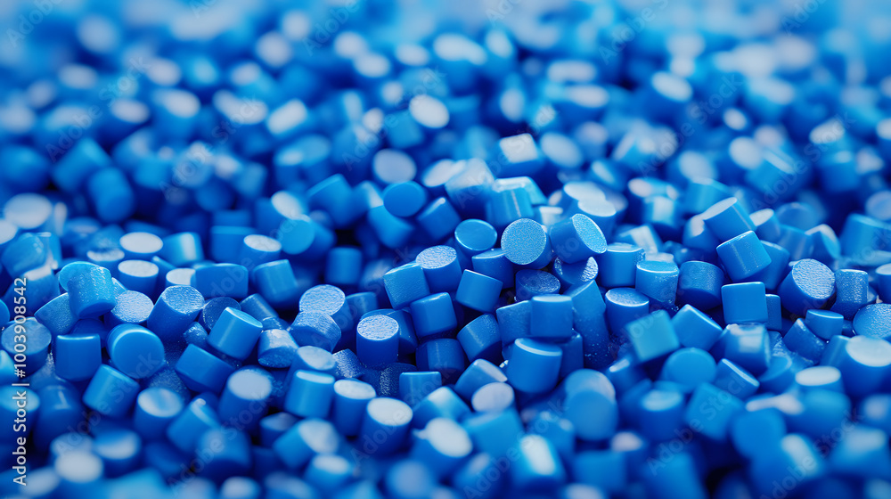 Closeup of blue plastic polypropylene granules, masterbatch polymer grain with shallow dof. HDPE or PVC resin pellets. 3d render illustration Closeup of blue plastic polypropylene granules, masterbatch polymer grain with shallow dof. HDPE or PVC resin pellets. 3d render illustration