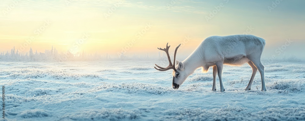 A majestic reindeer grazes in a snowy landscape at sunrise, embodying the beauty of winter in a serene natural setting.