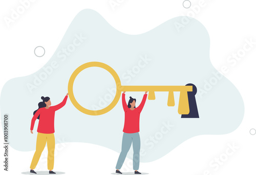 Key to success, teamwork, people to help solve problem, career opportunity, unlock secret or discovery, motivation concept.flat design with people.