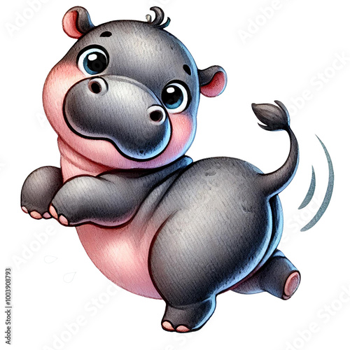 Cute cartoon hippo jumping with joy, white isolated background photo