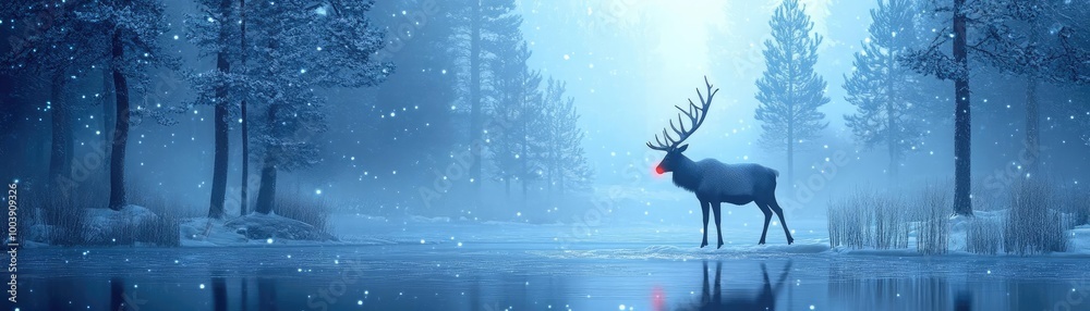 A serene winter landscape featuring a majestic deer in a snowy forest, creating a tranquil and magical atmosphere. A serene winter landscape featuring a majestic deer in a snowy forest, creating a tranquil and magical atmosphere.