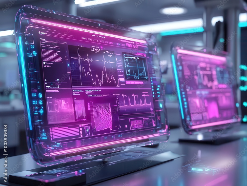 Digital health records displayed on glowing holographic tablets in a modern clinic Futuristic Hologram Minimalist Digital health records displayed on glowing holographic tablets in a modern clinic Futuristic Hologram Minimalist