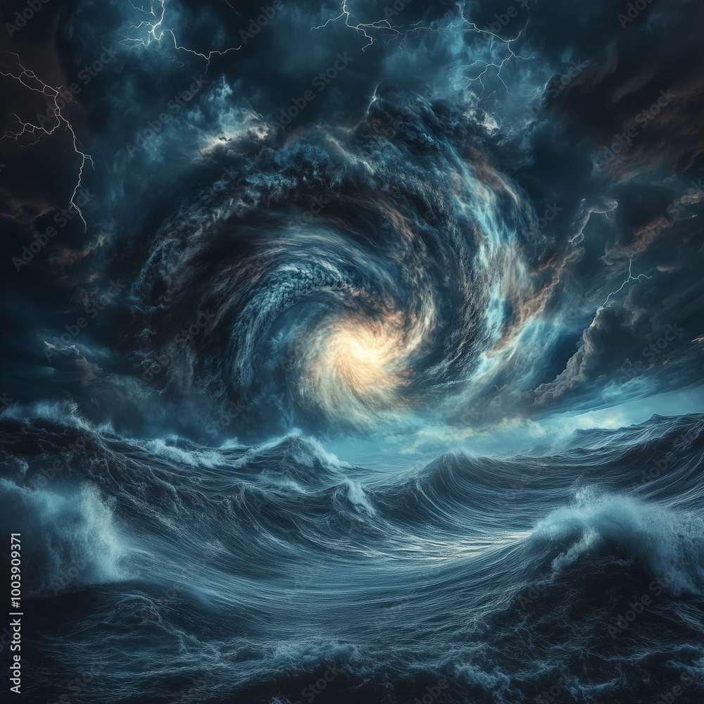 a dramatic scene of a powerful cyclone forming over a turbulent ocean, with dark clouds swirling and lightning illuminating the sky a dramatic scene of a powerful cyclone forming over a turbulent ocean, with dark clouds swirling and lightning illuminating the sky