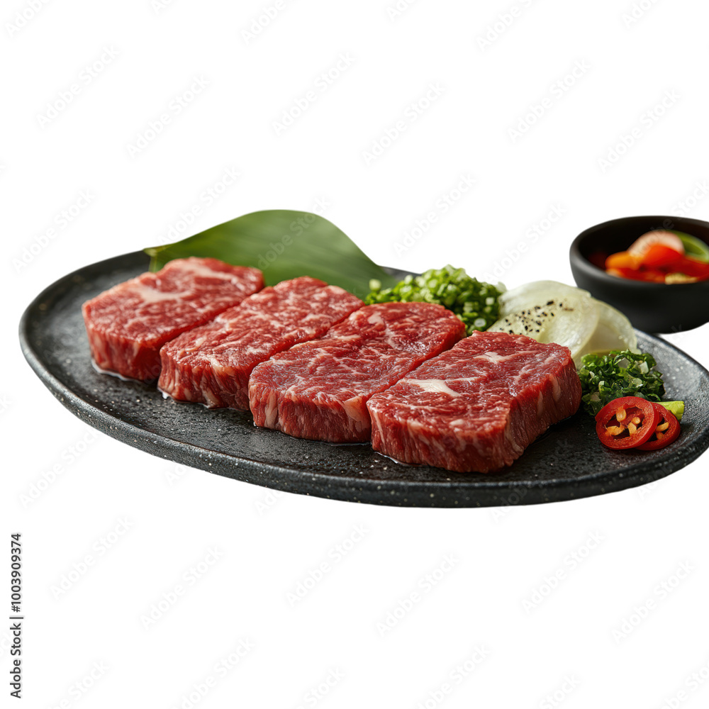 Close-up of Raw Beef Slices on Plate Close-up of Raw Beef Slices on Plate