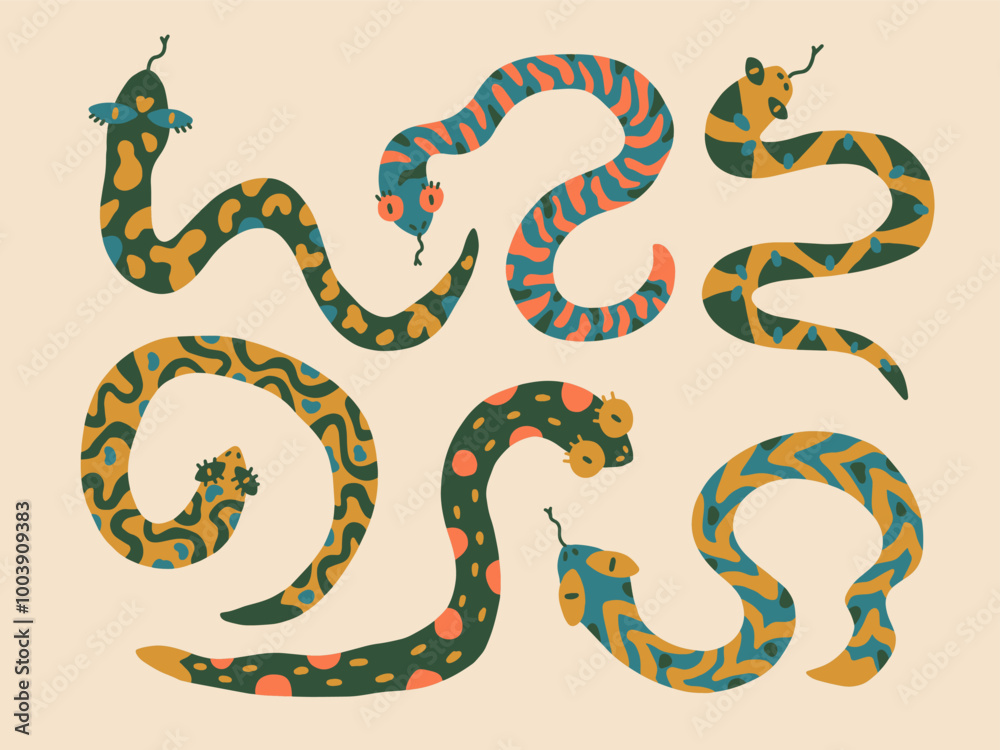 Naklejka premium Set of isolated vector snakes. Illustration of symbol 2025. Year of the snake, animal zodiac. Cartoon collection. Childish funny style. Chinese new year concept. Design element. Print, textile pattern