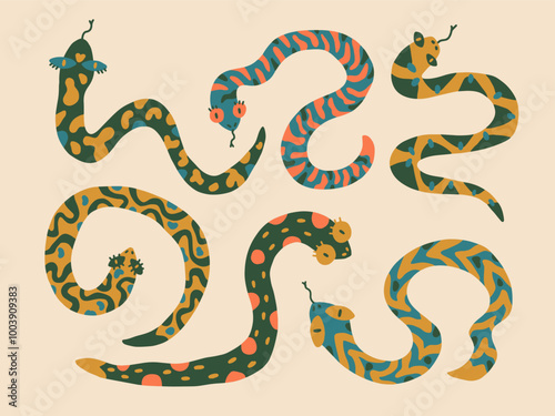Set of isolated vector snakes. Illustration of symbol 2025. Year of the snake, animal zodiac. Cartoon collection. Childish funny style. Chinese new year concept. Design element. Print, textile pattern