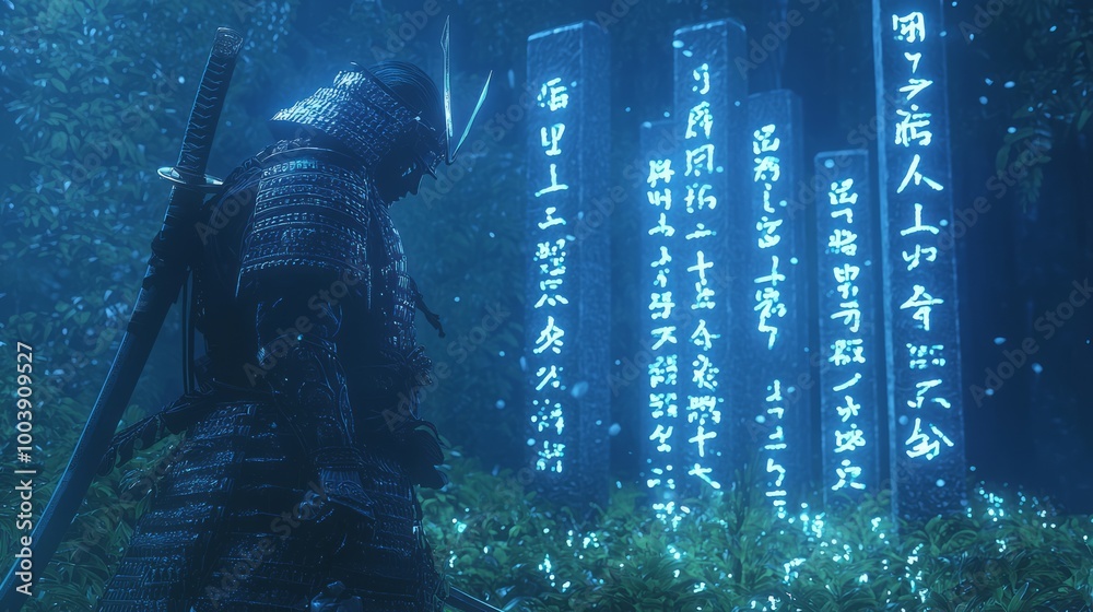Spirit of the Warrior: Japanese Dark Myth Scene with Glowing Inscriptions at Sacred Site Spirit of the Warrior: Japanese Dark Myth Scene with Glowing Inscriptions at Sacred Site