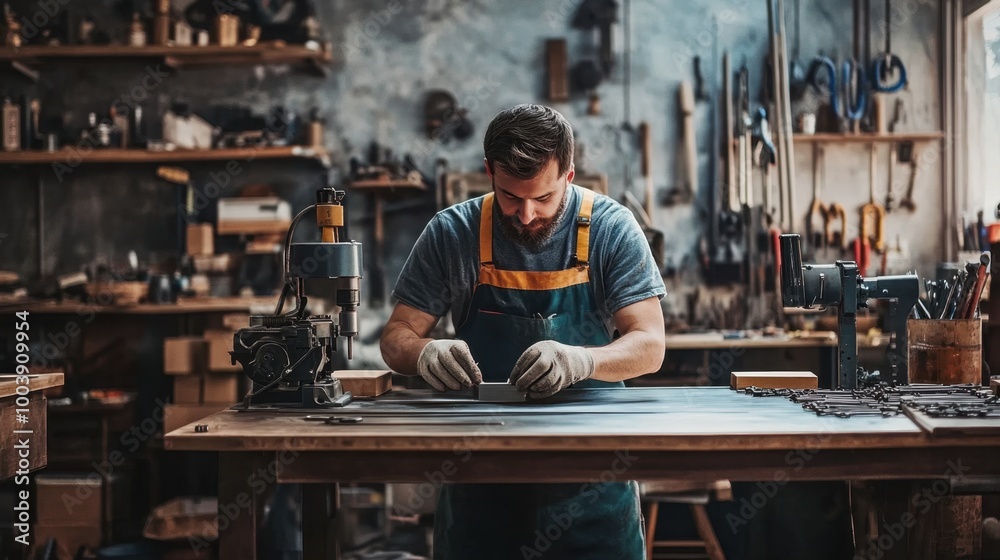 Local craftsman making metal crafts, bright workshop, clean background, minimal elements, copy space Local craftsman making metal crafts, bright workshop, clean background, minimal elements, copy space