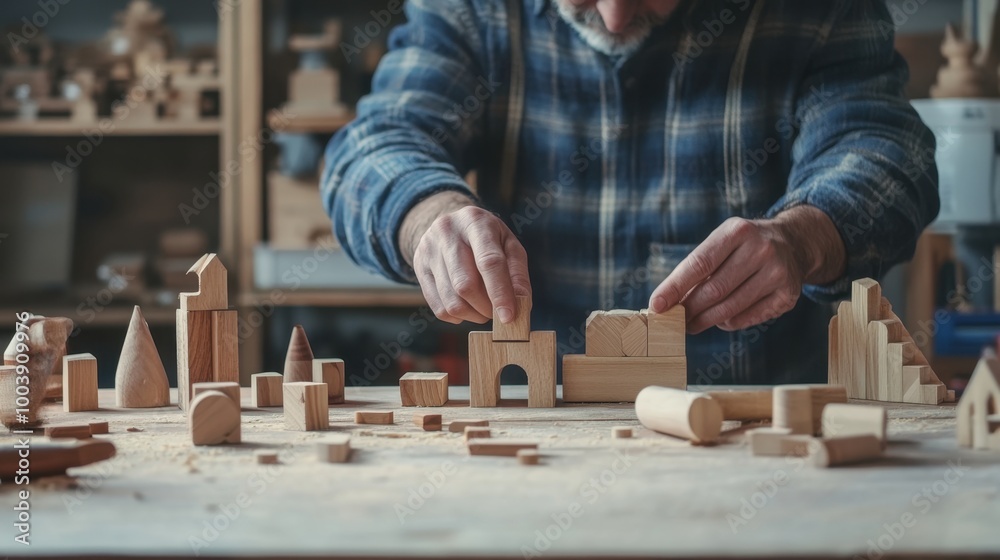 Local craftsman making wooden toys, bright workshop, clean background, minimal elements Local craftsman making wooden toys, bright workshop, clean background, minimal elements
