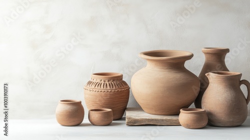 Local potter with clay pots, bright studio, clean background, minimal elements, copy space