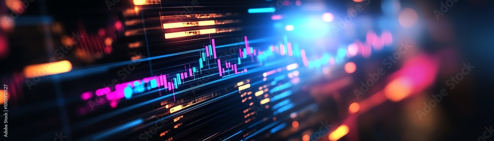 Abstract digital visualization with vibrant colors, showcasing complex data patterns and dynamic light effects for modern technology.