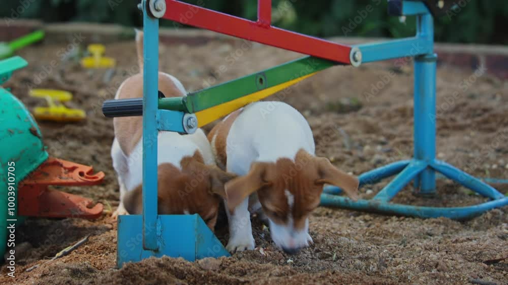 Cute Jack Russell puppies chew sand outside in sandbox in summertime