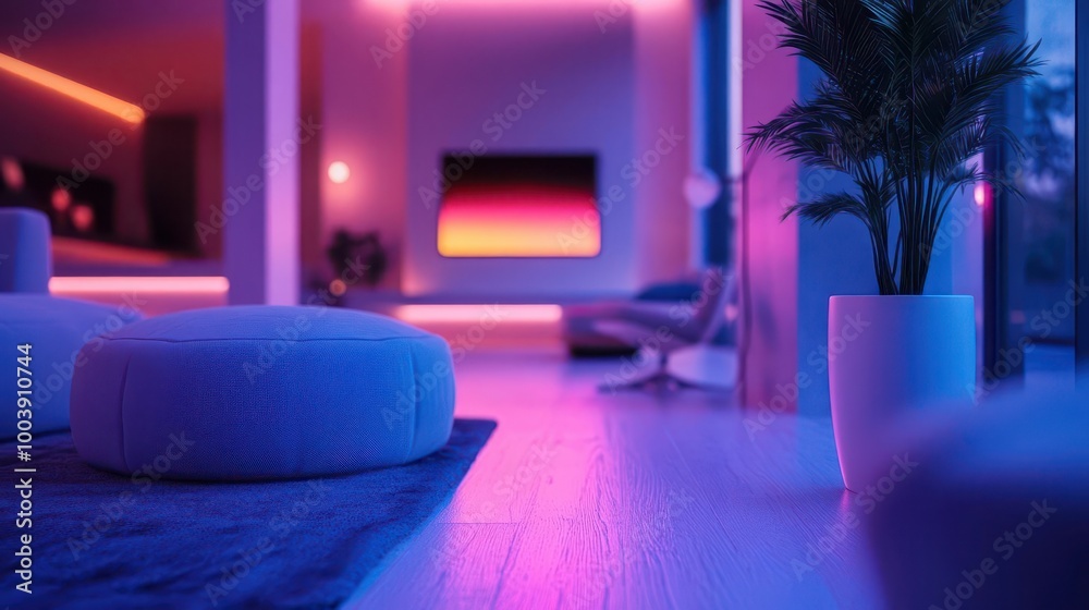 Evening relaxation in a futuristic smart home with glowing digital lighting and holographic entertainment Futuristic Neon Minimalist Evening relaxation in a futuristic smart home with glowing digital lighting and holographic entertainment Futuristic Neon Minimalist