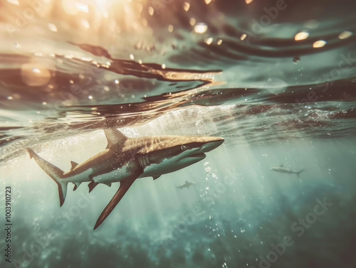 A shark swims gracefully beneath the shimmering surface of the ocean in a serene underwater landscape during daylight hours