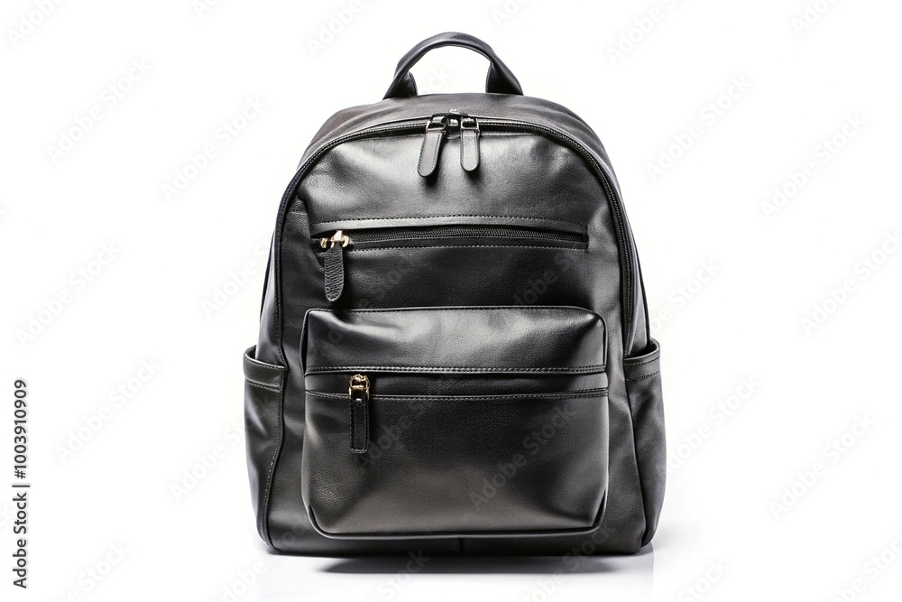 Fototapeta premium Leather black backpack isolated on white background at eye level