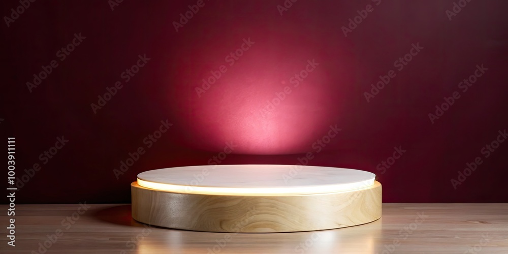 Glowing wooden platform with a red backdrop. Glowing wooden platform with a red backdrop.