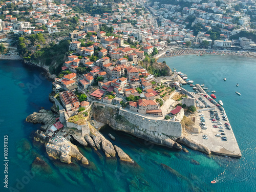 Sunset aerial view the old town of Ulcinj, Montenegro.