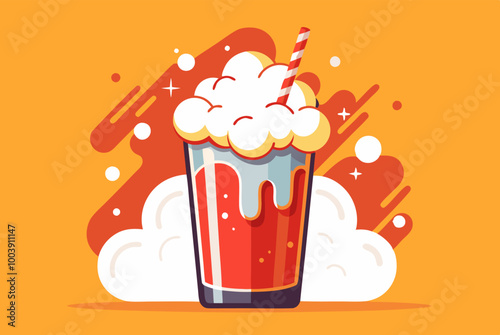 Creative fluffy papercut style marshmallow topped coke illustration with trendy design elements