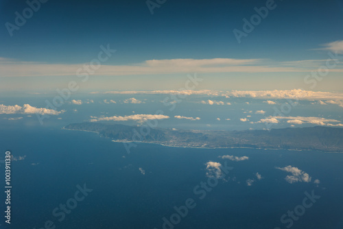 Tenerife seen from a plane during the flight. Teide volcano on the center.