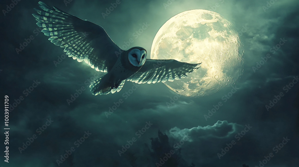Fototapeta premium An owl in flight against a full moon