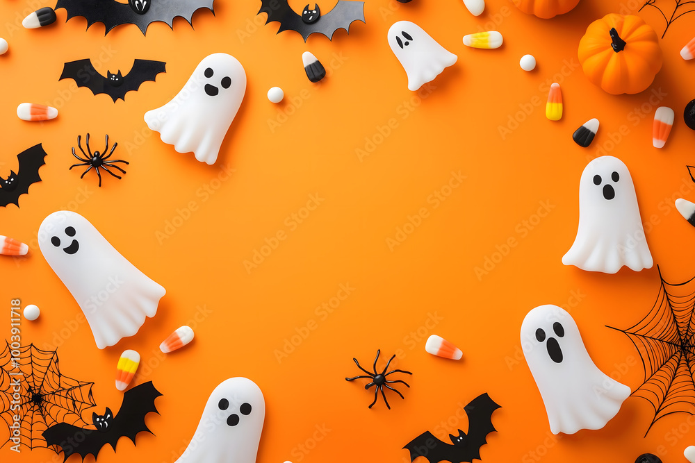 Halloween scattered candy and decor on orange background. Generative Ai.