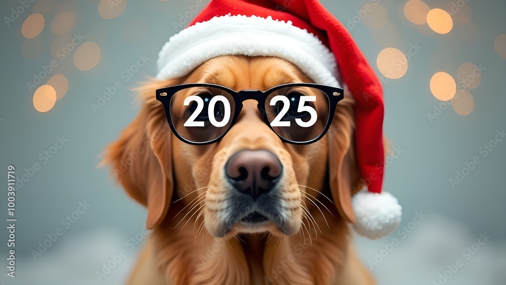 Golden retriever wearing glasses with 2025 numbers and a Christmas hat Golden retriever wearing glasses with 2025 numbers and a Christmas hat
