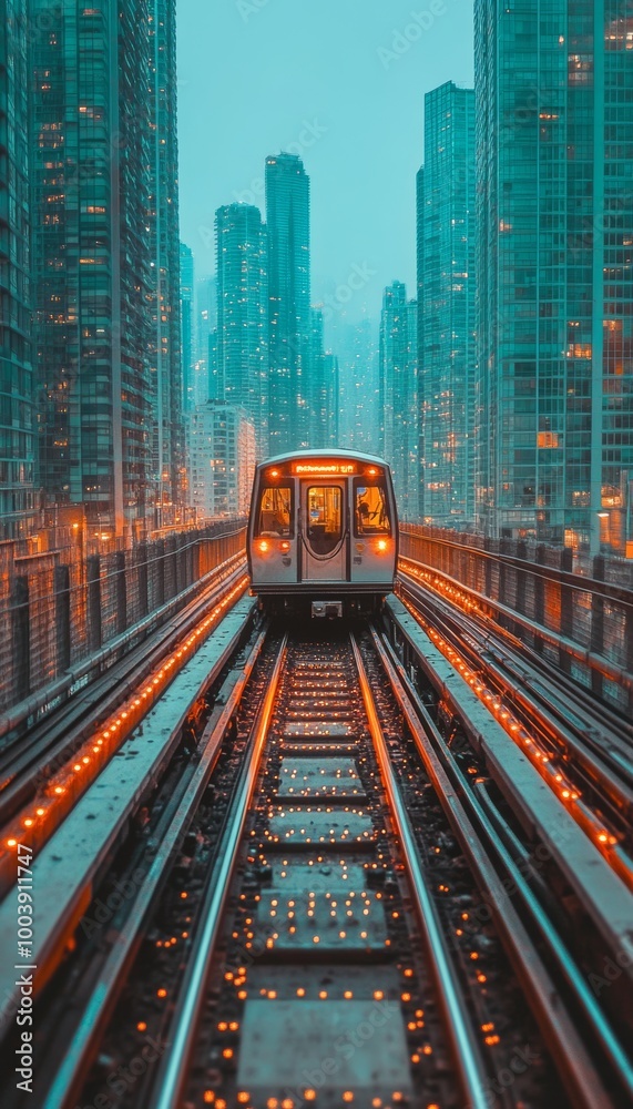 Urban Subway System Train on Elevated Tracks Weaving Through a Cityscape Bathed in Blue Hues Urban Subway System Train on Elevated Tracks Weaving Through a Cityscape Bathed in Blue Hues