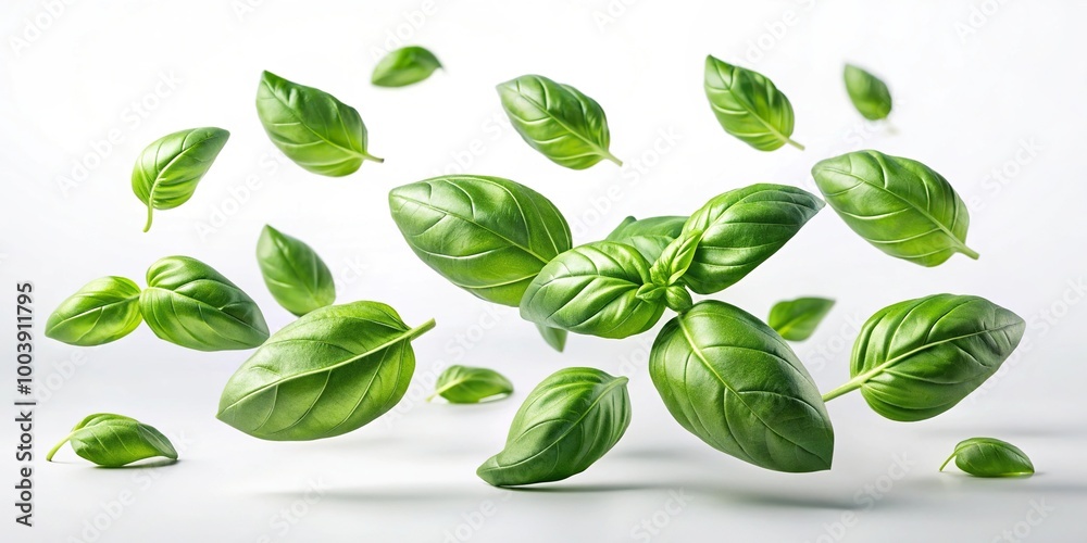 Levitating basil leaves on a white isolated background