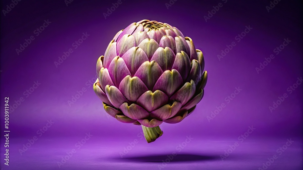Fototapeta premium Levitating ripe artichoke against violet background